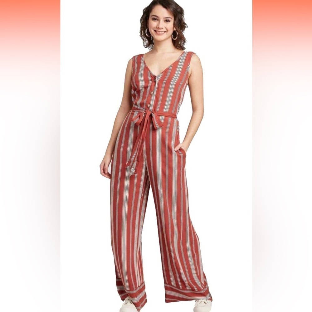 Xhilaration Rust Color and White Striped Sleeveless Button-Front Belted Jumpsuit
